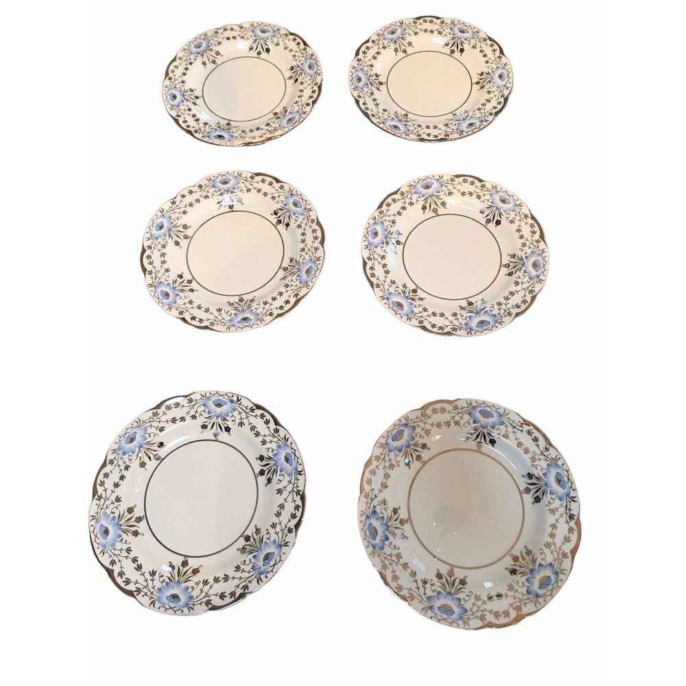 Rare Vintage Wedgwood Blue Lotus Flowers Set 6 Dinner Plates Silver Luster Trim - Picture 4 of 7